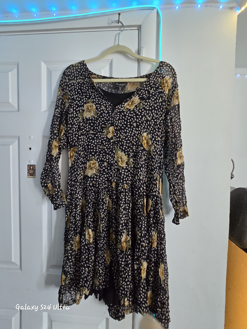 Black Floral Tiered Long Sleeve Dress with Yellow Roses Size Medium